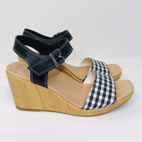 New! Dr. Scholl’s Glimmer Faux Leather Gingham Canvas Platform Wedge Sandals - Picture 3 of 12